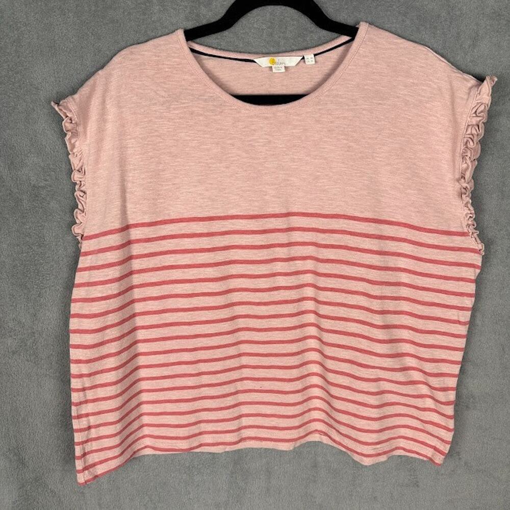Boden Top Women 14 Pink Striped Faye Jersey Tee Ruffled Sleeveless Preppy Resort